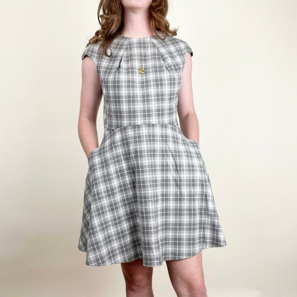 Anthropologie Plaid Mini Midi Dress Fit & Flare Retro Pleat Mid Century MCM Cute - Picture 3 of 7